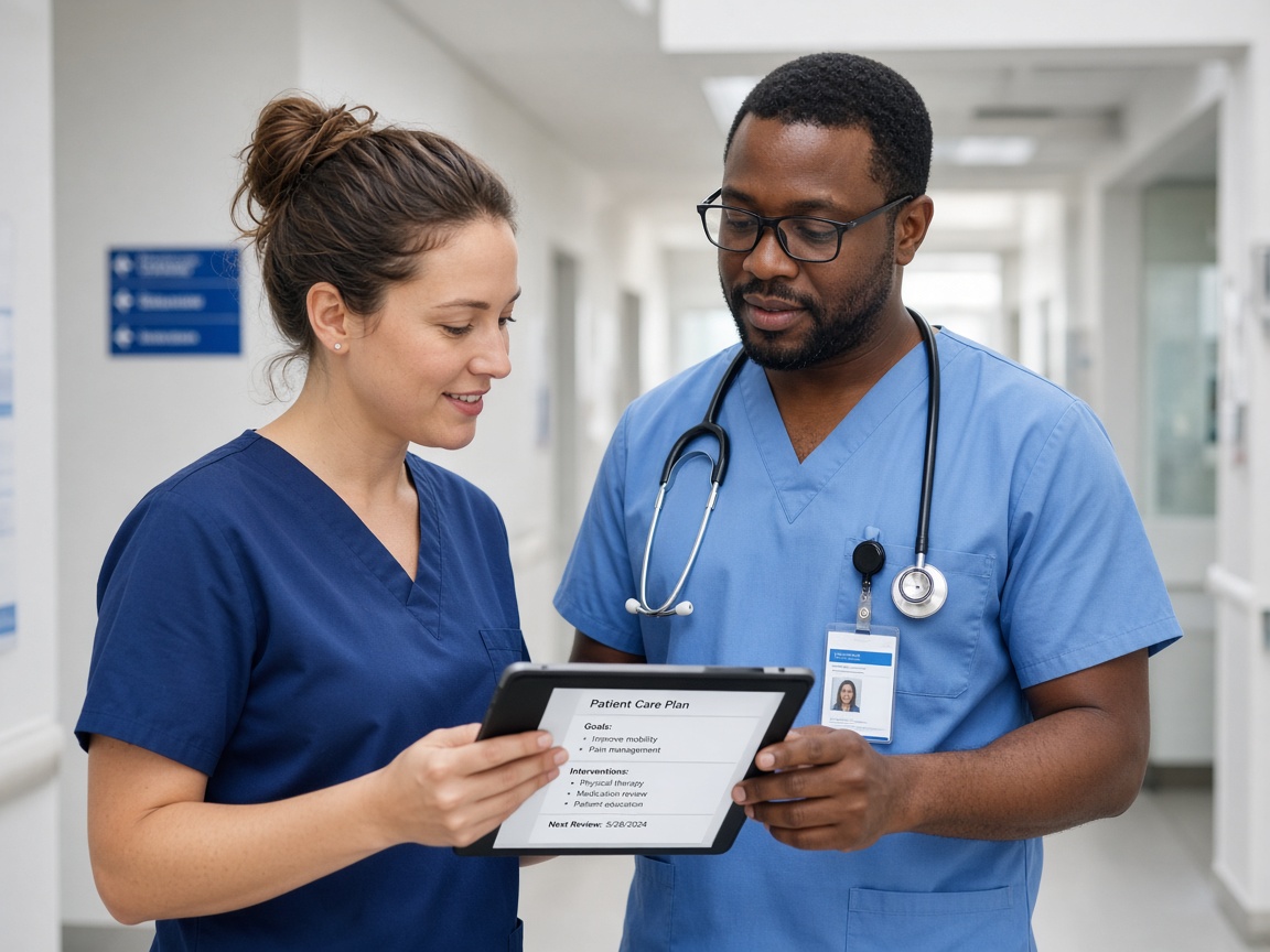 Clinicians reviewing a care plan together in a bright corridor