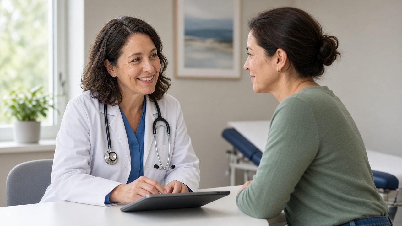Clinician consulting with a patient in an examination room