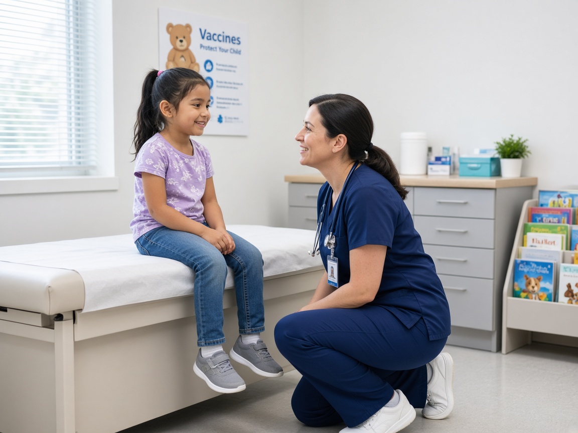 Pediatric clinician greeting a child during a wellness visit
